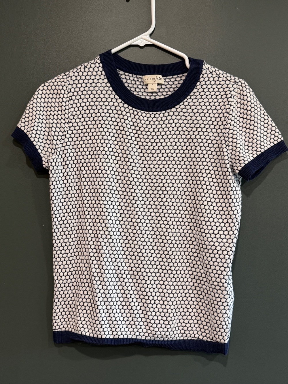 Maison Jules Navy Trim White Honeycomb Short Sleeve Knit Tee